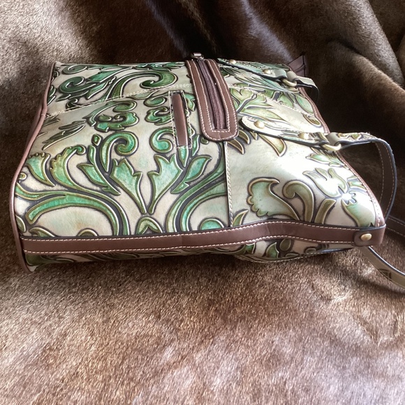 MC Marc Chantal Green Brown Etched Design Tote Handbag - Picture 5 of 10